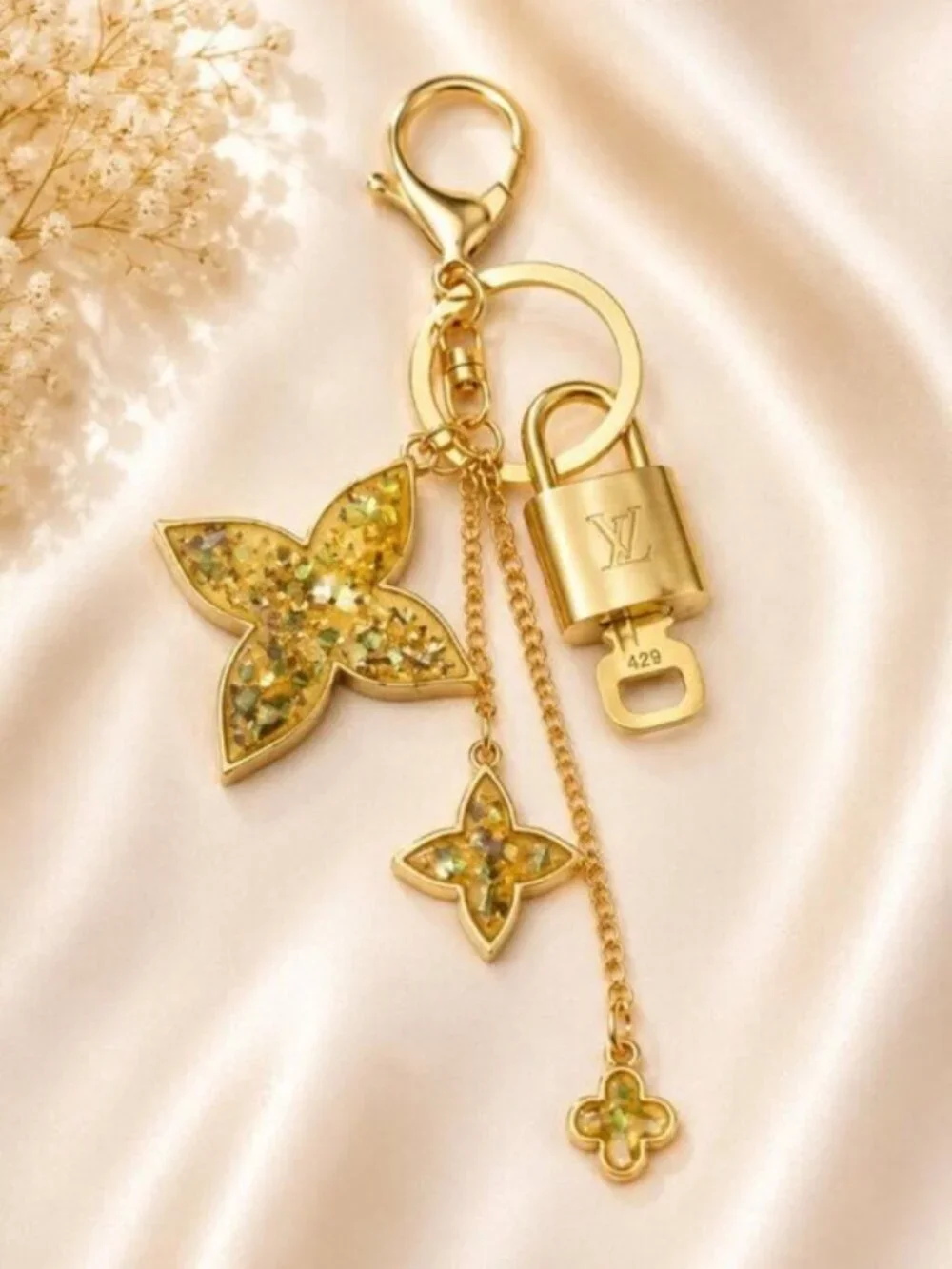 LV Gold Padlock 🔑 Authentic Louis Vuitton Charm + Unbranded Flower Keychain